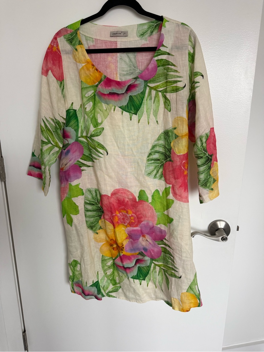 Linen Floral Tunic Dress in Cream with Pink & Green